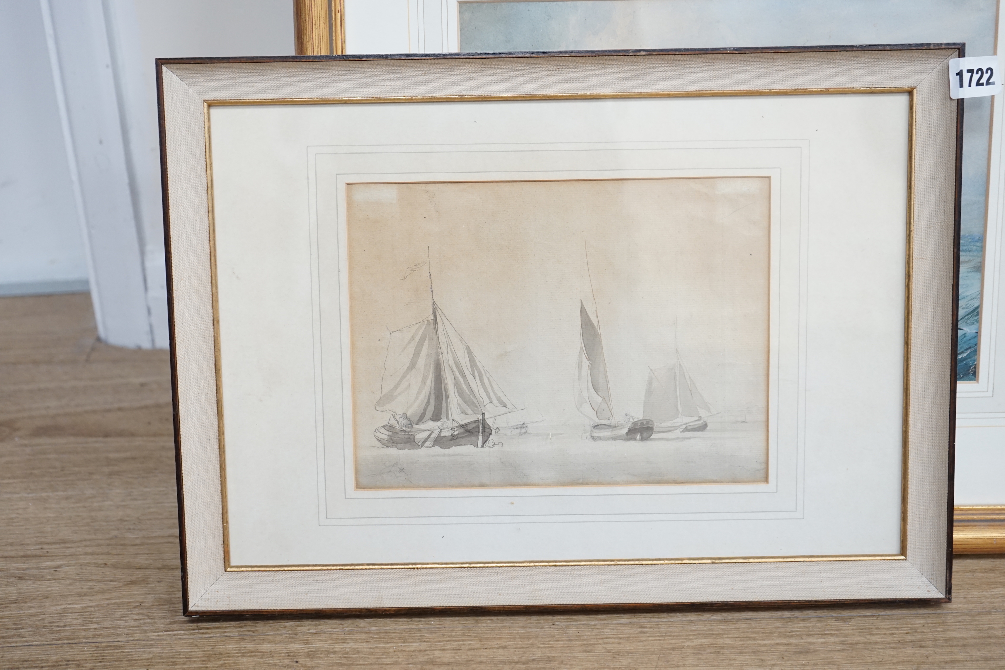 William Anderson (1757-1837) monochrome wash, study of boats, ex. Abbott and Holder, 17 x 24cm